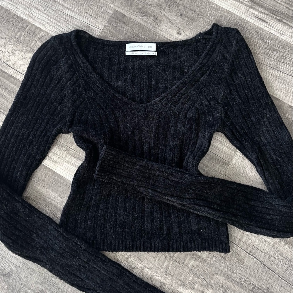 Urban Outfitters Black Fuzzy Knit Long Sleeve V Neck Top